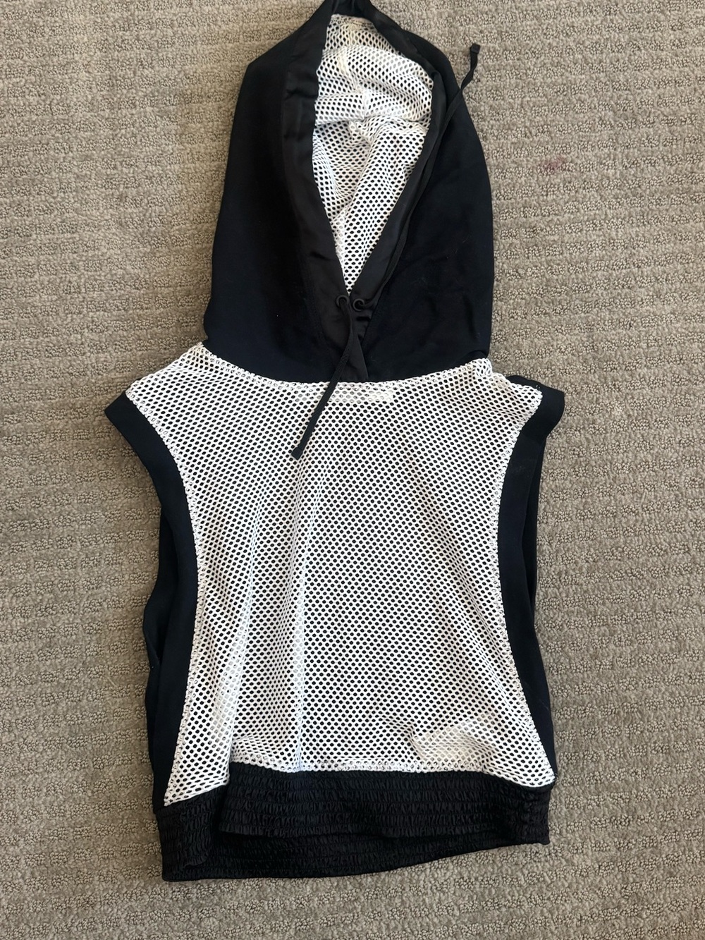 blanc noir Black and White Mesh Hooded Sleeveless Top